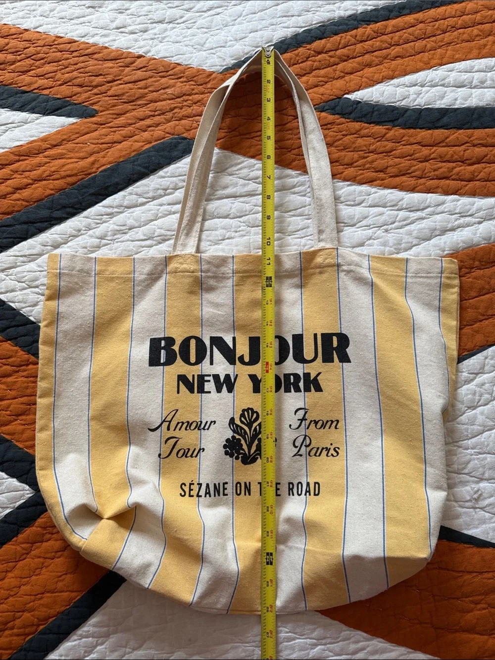 Sezane Yellow and Cream Striped Bonjour New York Canvas Tote